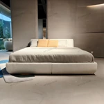 White Bouclé Upholstered Bed with Rounded Headboard & Low-Profile Base